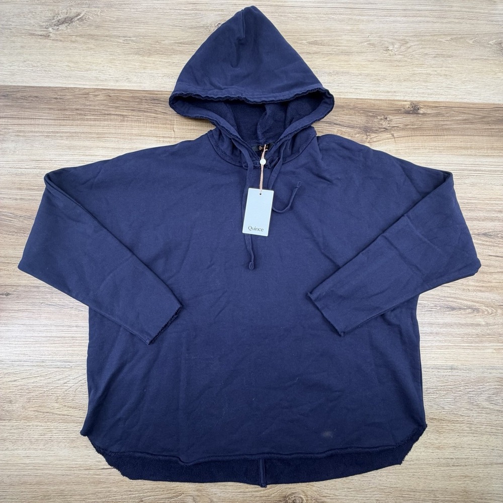 NEW Quince Women Organic French Terry Hoodie Deep Navy Sleeved Top M